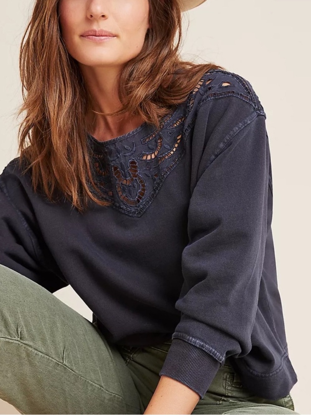 Anthropologie Fabienne Eyelet Lace Sweatshirt Navy Cotton Pullover Size Small